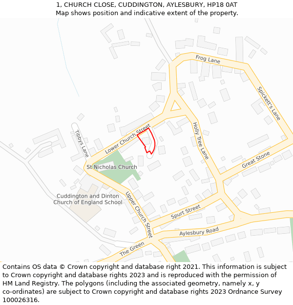 1, CHURCH CLOSE, CUDDINGTON, AYLESBURY, HP18 0AT: Location map and indicative extent of plot