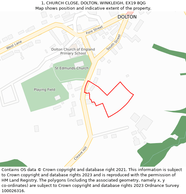 1, CHURCH CLOSE, DOLTON, WINKLEIGH, EX19 8QG: Location map and indicative extent of plot