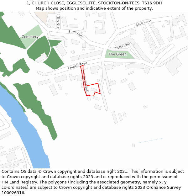 1, CHURCH CLOSE, EGGLESCLIFFE, STOCKTON-ON-TEES, TS16 9DH: Location map and indicative extent of plot