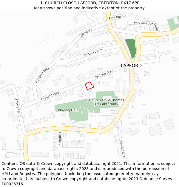 1, CHURCH CLOSE, LAPFORD, CREDITON, EX17 6PP: Location map and indicative extent of plot