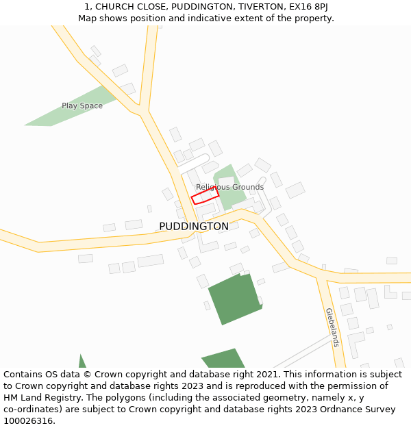 1, CHURCH CLOSE, PUDDINGTON, TIVERTON, EX16 8PJ: Location map and indicative extent of plot