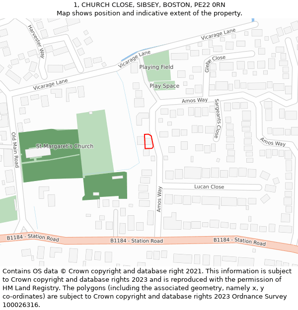 1, CHURCH CLOSE, SIBSEY, BOSTON, PE22 0RN: Location map and indicative extent of plot