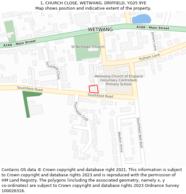 1, CHURCH CLOSE, WETWANG, DRIFFIELD, YO25 9YE: Location map and indicative extent of plot