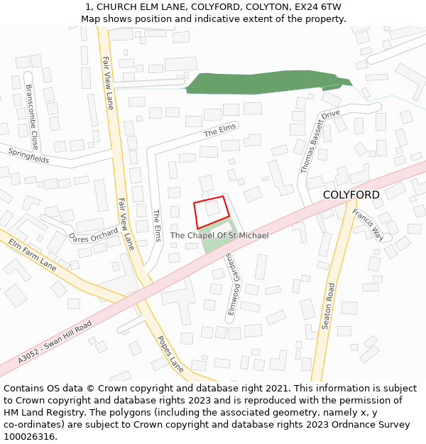 1, CHURCH ELM LANE, COLYFORD, COLYTON, EX24 6TW: Location map and indicative extent of plot