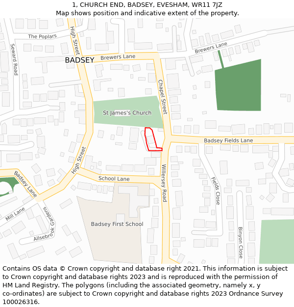 1, CHURCH END, BADSEY, EVESHAM, WR11 7JZ: Location map and indicative extent of plot