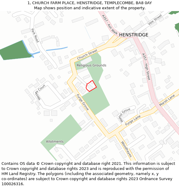 1, CHURCH FARM PLACE, HENSTRIDGE, TEMPLECOMBE, BA8 0AY: Location map and indicative extent of plot