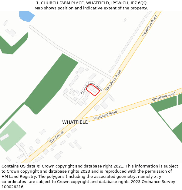 1, CHURCH FARM PLACE, WHATFIELD, IPSWICH, IP7 6QQ: Location map and indicative extent of plot