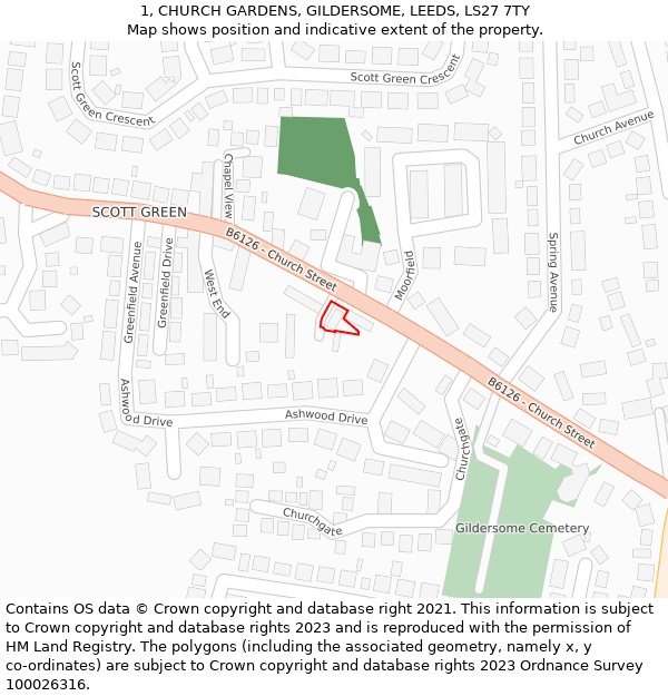 1, CHURCH GARDENS, GILDERSOME, LEEDS, LS27 7TY: Location map and indicative extent of plot