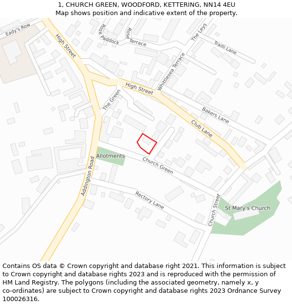 1, CHURCH GREEN, WOODFORD, KETTERING, NN14 4EU: Location map and indicative extent of plot