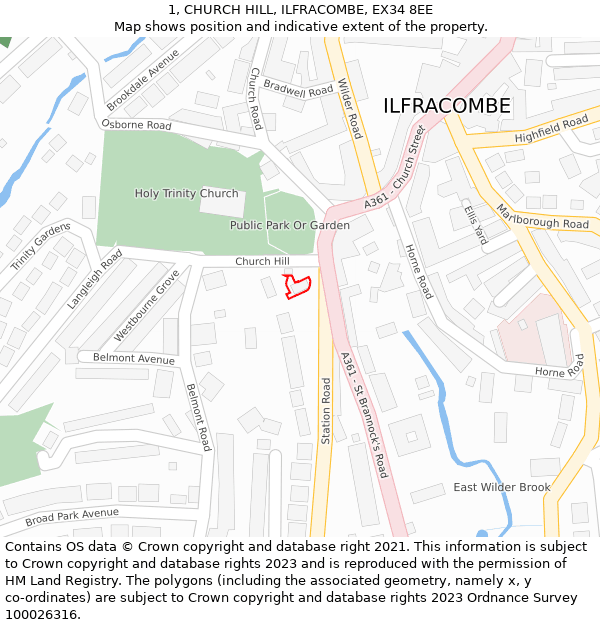 1, CHURCH HILL, ILFRACOMBE, EX34 8EE: Location map and indicative extent of plot