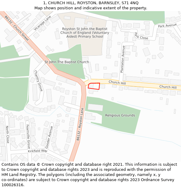 1, CHURCH HILL, ROYSTON, BARNSLEY, S71 4NQ: Location map and indicative extent of plot