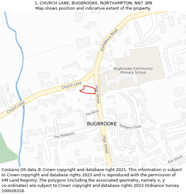1, CHURCH LANE, BUGBROOKE, NORTHAMPTON, NN7 3PB: Location map and indicative extent of plot