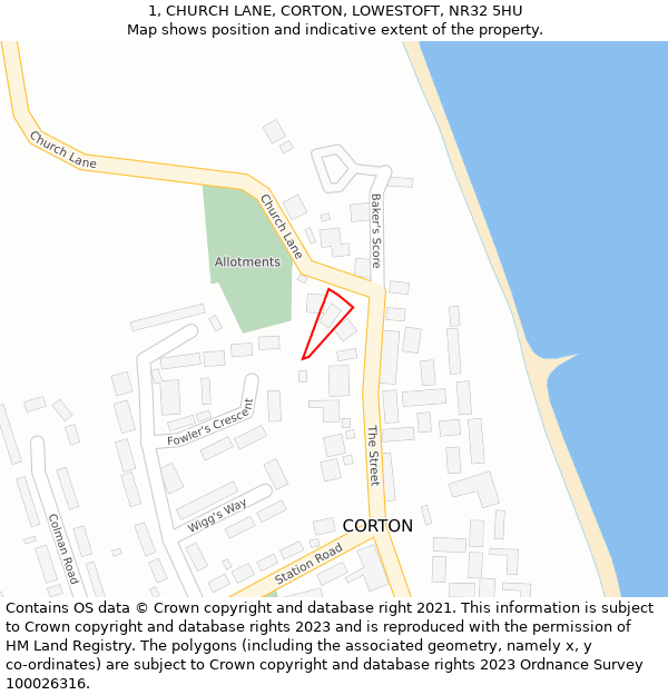 1, CHURCH LANE, CORTON, LOWESTOFT, NR32 5HU: Location map and indicative extent of plot