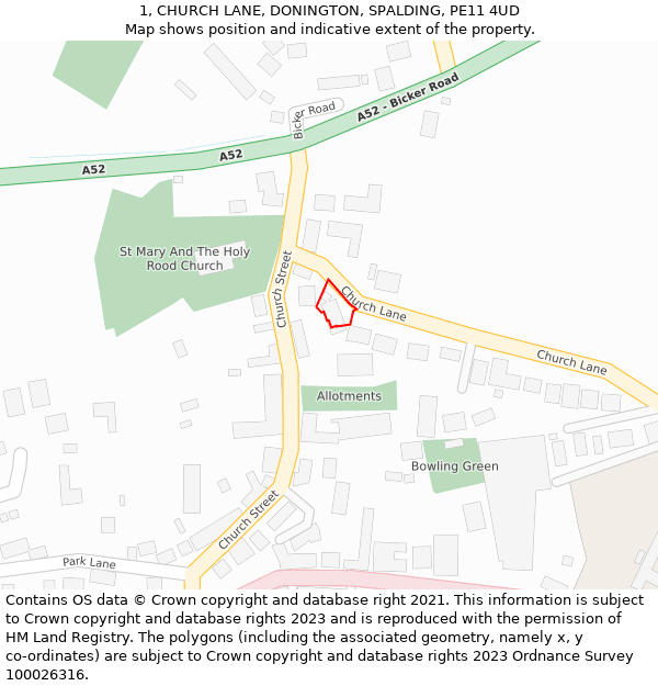 1, CHURCH LANE, DONINGTON, SPALDING, PE11 4UD: Location map and indicative extent of plot