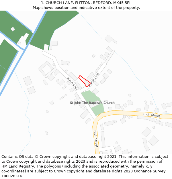1, CHURCH LANE, FLITTON, BEDFORD, MK45 5EL: Location map and indicative extent of plot