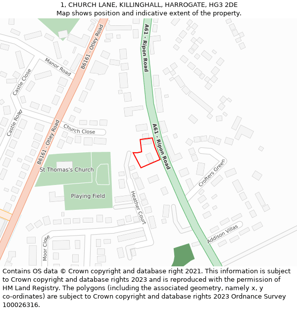 1, CHURCH LANE, KILLINGHALL, HARROGATE, HG3 2DE: Location map and indicative extent of plot