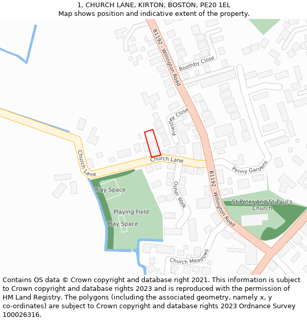 1, CHURCH LANE, KIRTON, BOSTON, PE20 1EL: Location map and indicative extent of plot