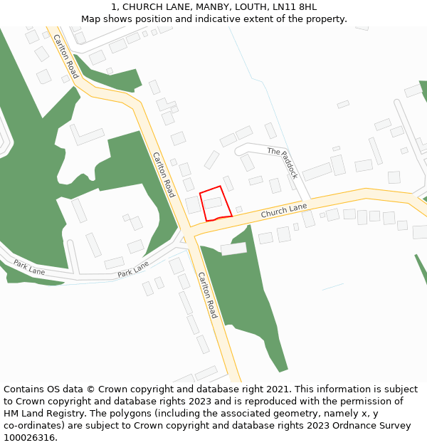 1, CHURCH LANE, MANBY, LOUTH, LN11 8HL: Location map and indicative extent of plot