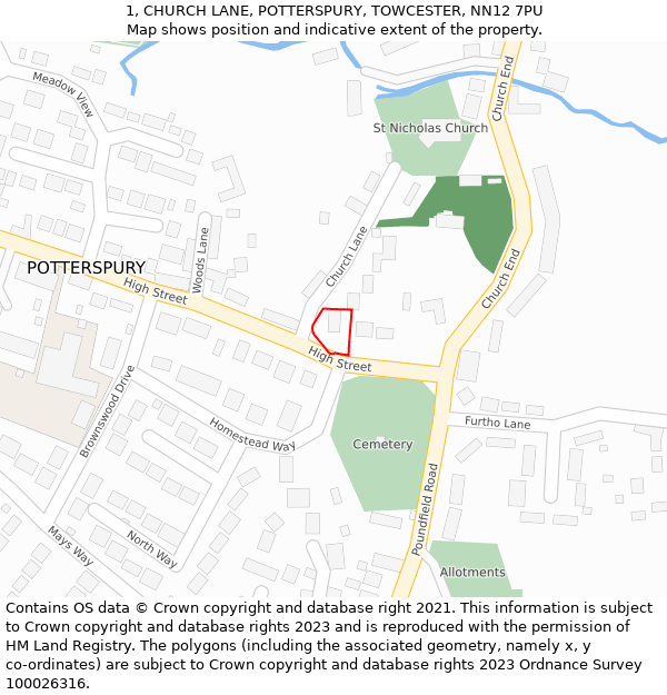 1, CHURCH LANE, POTTERSPURY, TOWCESTER, NN12 7PU: Location map and indicative extent of plot