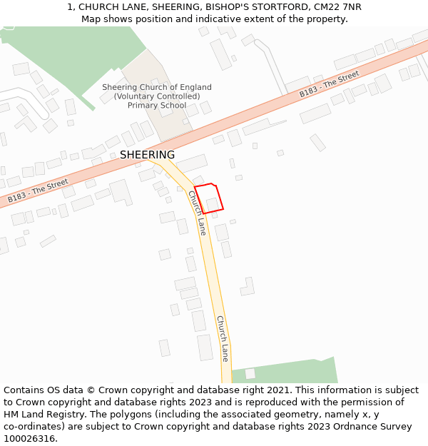 1, CHURCH LANE, SHEERING, BISHOP'S STORTFORD, CM22 7NR: Location map and indicative extent of plot