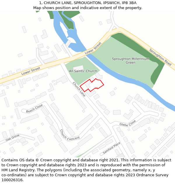 1, CHURCH LANE, SPROUGHTON, IPSWICH, IP8 3BA: Location map and indicative extent of plot