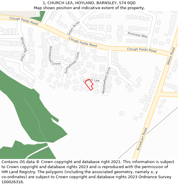 1, CHURCH LEA, HOYLAND, BARNSLEY, S74 0QD: Location map and indicative extent of plot