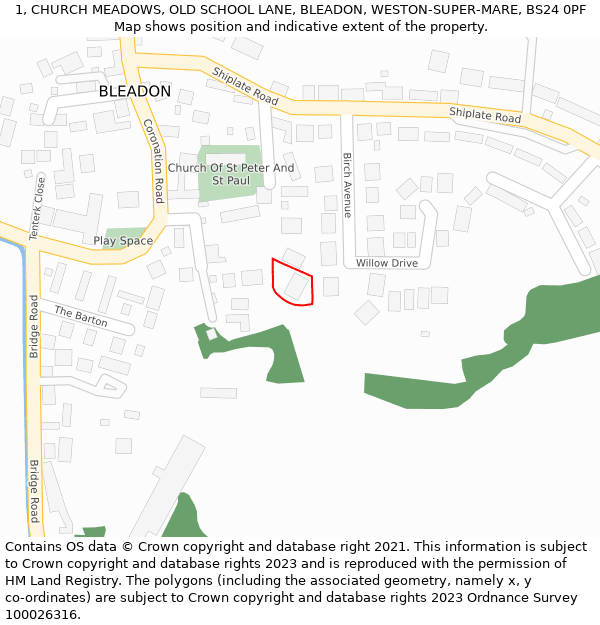 1, CHURCH MEADOWS, OLD SCHOOL LANE, BLEADON, WESTON-SUPER-MARE, BS24 0PF: Location map and indicative extent of plot