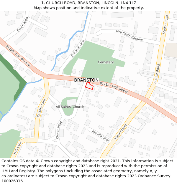 1, CHURCH ROAD, BRANSTON, LINCOLN, LN4 1LZ: Location map and indicative extent of plot