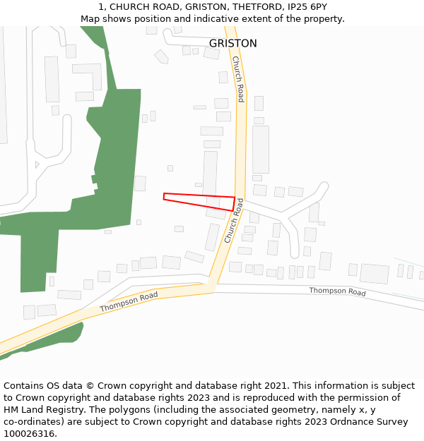 1, CHURCH ROAD, GRISTON, THETFORD, IP25 6PY: Location map and indicative extent of plot