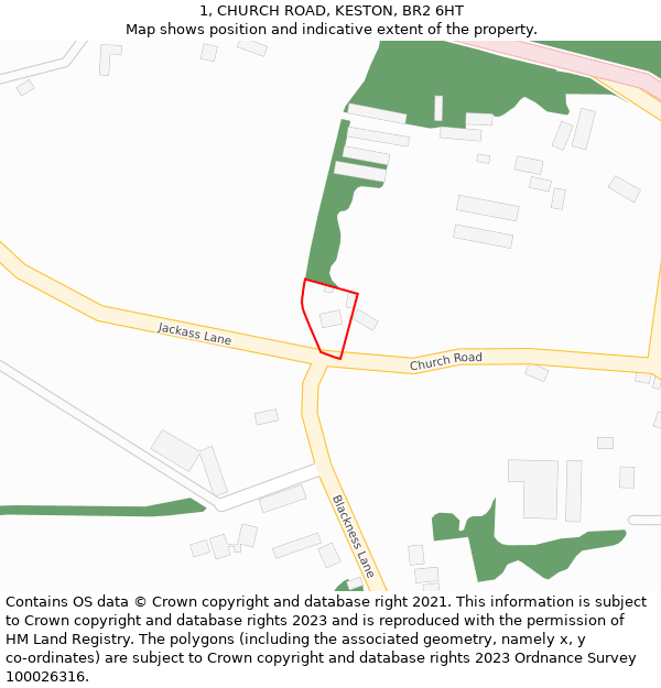 1, CHURCH ROAD, KESTON, BR2 6HT: Location map and indicative extent of plot