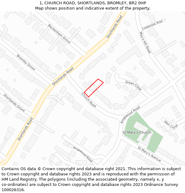 1, CHURCH ROAD, SHORTLANDS, BROMLEY, BR2 0HP: Location map and indicative extent of plot