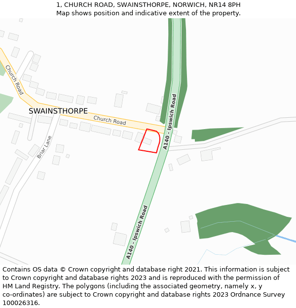 1, CHURCH ROAD, SWAINSTHORPE, NORWICH, NR14 8PH: Location map and indicative extent of plot