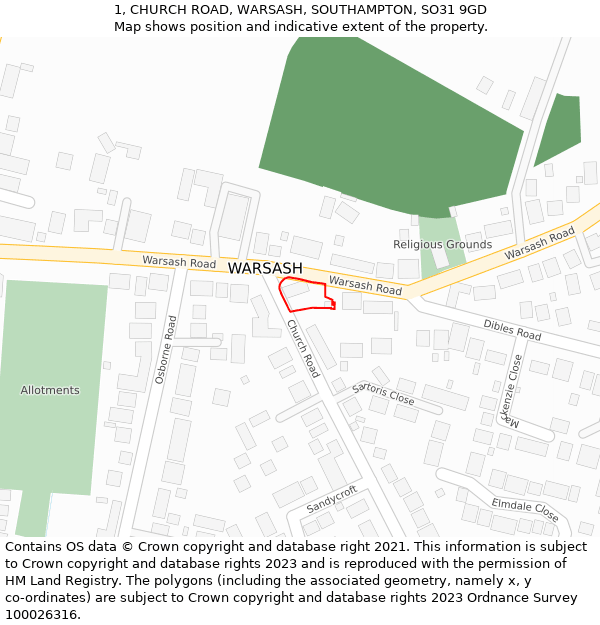 1, CHURCH ROAD, WARSASH, SOUTHAMPTON, SO31 9GD: Location map and indicative extent of plot