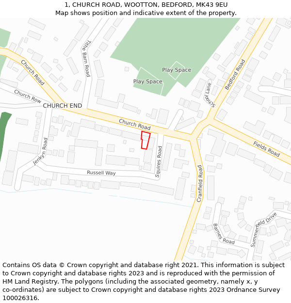 1, CHURCH ROAD, WOOTTON, BEDFORD, MK43 9EU: Location map and indicative extent of plot
