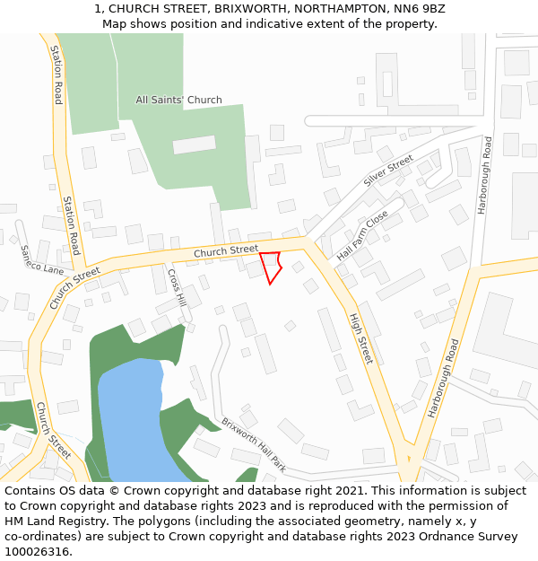 1, CHURCH STREET, BRIXWORTH, NORTHAMPTON, NN6 9BZ: Location map and indicative extent of plot
