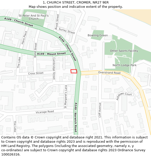 1, CHURCH STREET, CROMER, NR27 9ER: Location map and indicative extent of plot