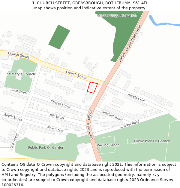 1, CHURCH STREET, GREASBROUGH, ROTHERHAM, S61 4EL: Location map and indicative extent of plot