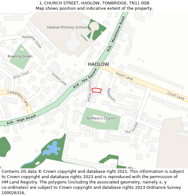 1, CHURCH STREET, HADLOW, TONBRIDGE, TN11 0DB: Location map and indicative extent of plot