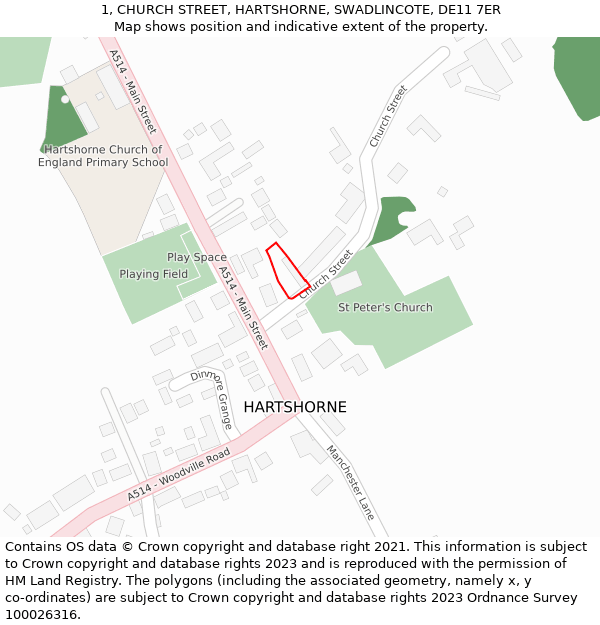 1, CHURCH STREET, HARTSHORNE, SWADLINCOTE, DE11 7ER: Location map and indicative extent of plot