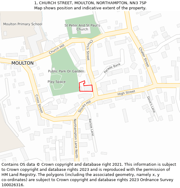 1, CHURCH STREET, MOULTON, NORTHAMPTON, NN3 7SP: Location map and indicative extent of plot
