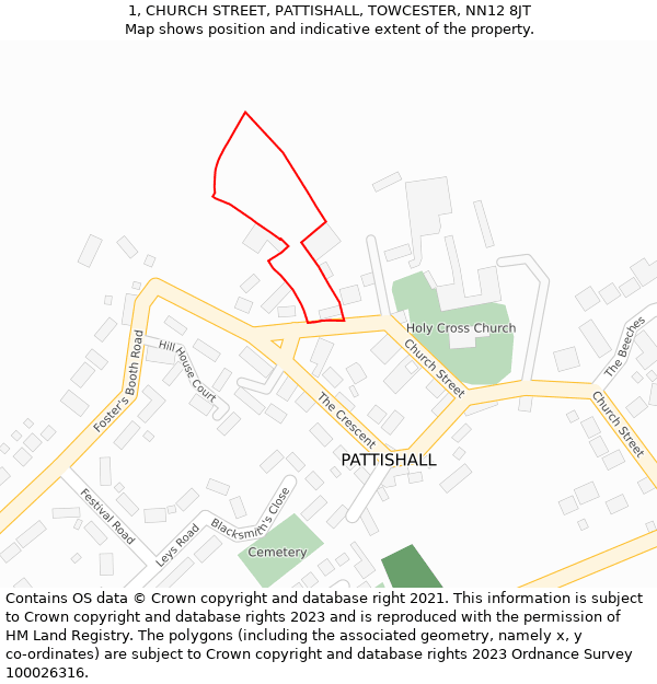 1, CHURCH STREET, PATTISHALL, TOWCESTER, NN12 8JT: Location map and indicative extent of plot