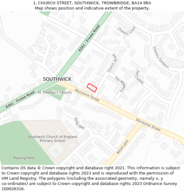 1, CHURCH STREET, SOUTHWICK, TROWBRIDGE, BA14 9RA: Location map and indicative extent of plot
