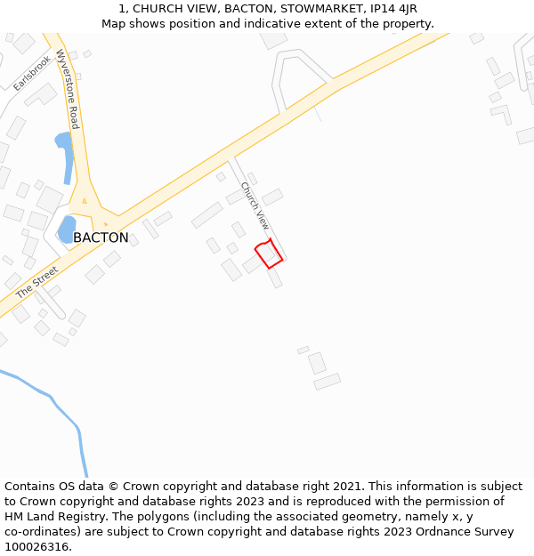 1, CHURCH VIEW, BACTON, STOWMARKET, IP14 4JR: Location map and indicative extent of plot