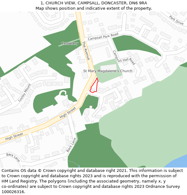 1, CHURCH VIEW, CAMPSALL, DONCASTER, DN6 9RA: Location map and indicative extent of plot