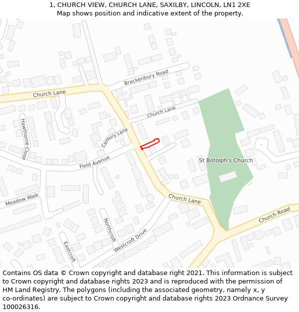 1, CHURCH VIEW, CHURCH LANE, SAXILBY, LINCOLN, LN1 2XE: Location map and indicative extent of plot
