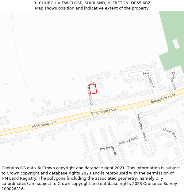 1, CHURCH VIEW CLOSE, SHIRLAND, ALFRETON, DE55 6BZ: Location map and indicative extent of plot