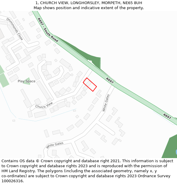 1, CHURCH VIEW, LONGHORSLEY, MORPETH, NE65 8UH: Location map and indicative extent of plot