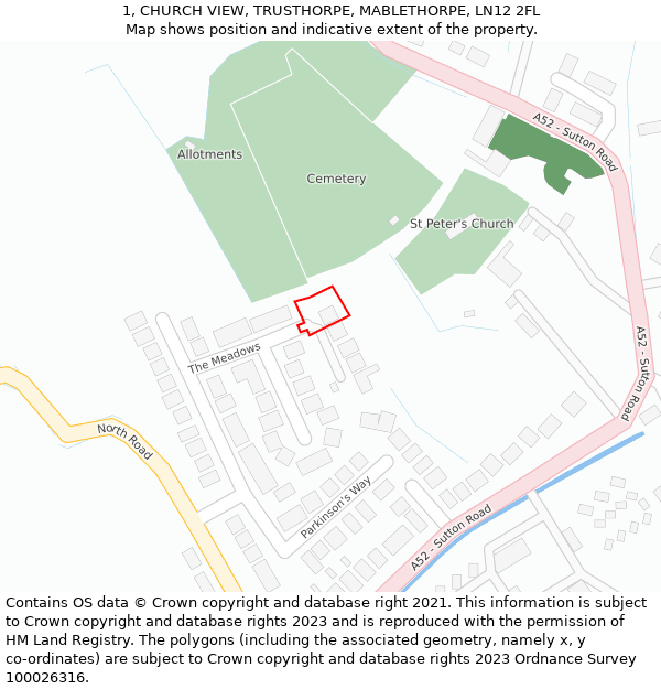 1, CHURCH VIEW, TRUSTHORPE, MABLETHORPE, LN12 2FL: Location map and indicative extent of plot