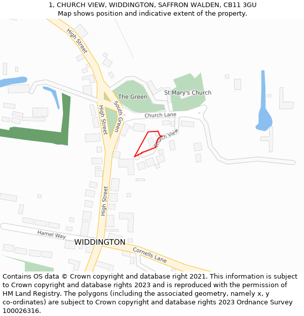 1, CHURCH VIEW, WIDDINGTON, SAFFRON WALDEN, CB11 3GU: Location map and indicative extent of plot