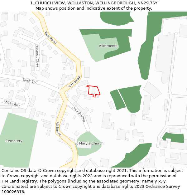 1, CHURCH VIEW, WOLLASTON, WELLINGBOROUGH, NN29 7SY: Location map and indicative extent of plot